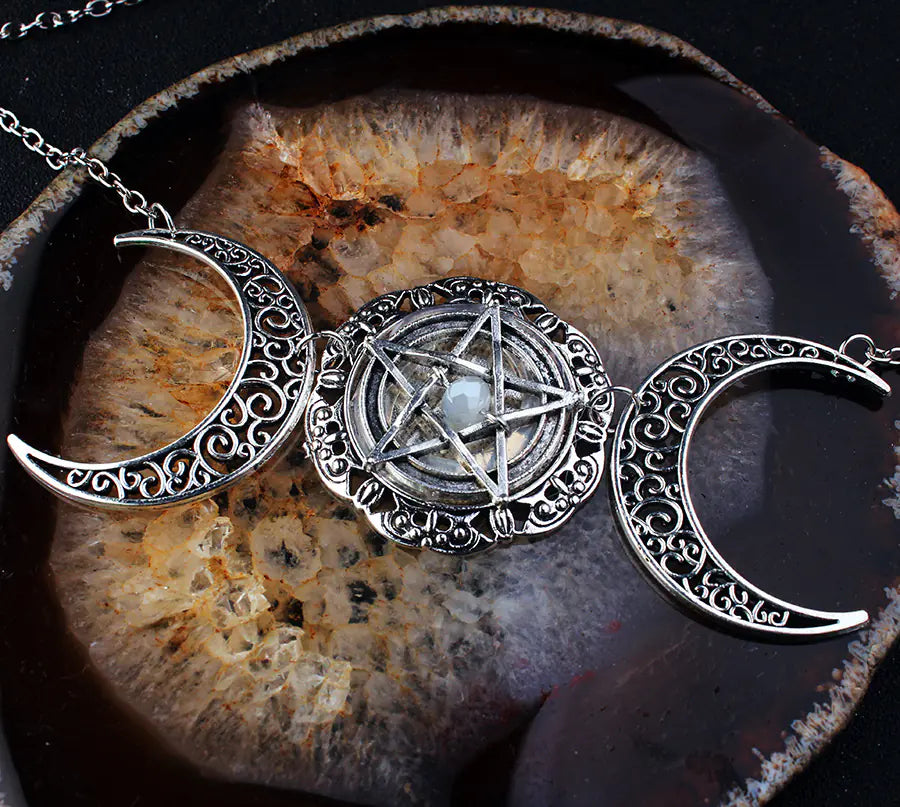 Mystical Moon Necklace with Pentagram Design