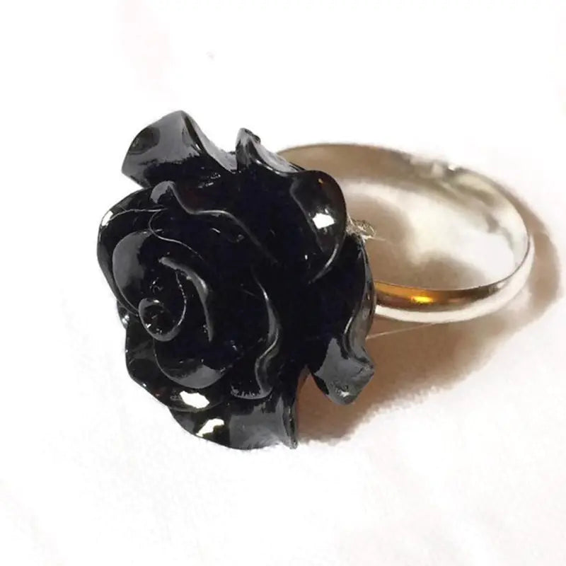 Gothic Black Flower Adjustable Resin Ring
