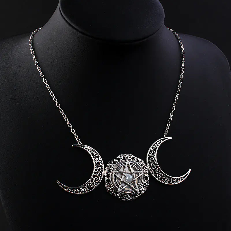 Mystical Moon Necklace with Pentagram Design