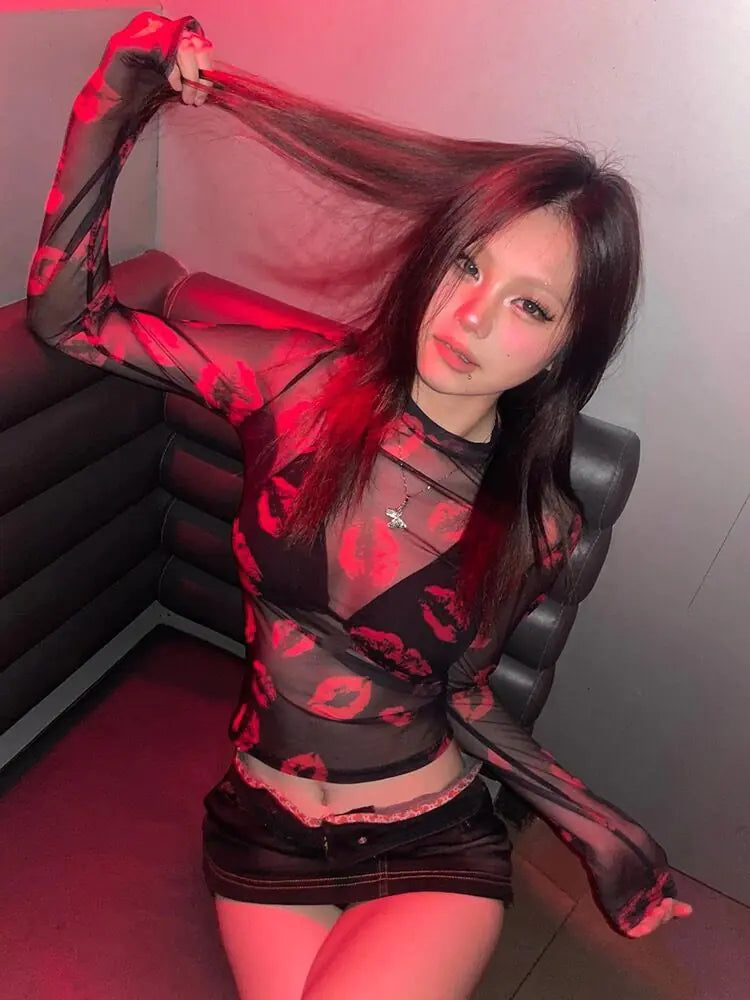 Gothic Printed Sheer Long Sleeve T-Shirt