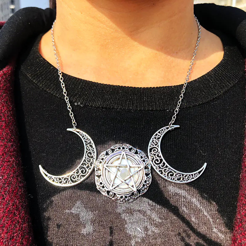 Mystical Moon Necklace with Pentagram Design