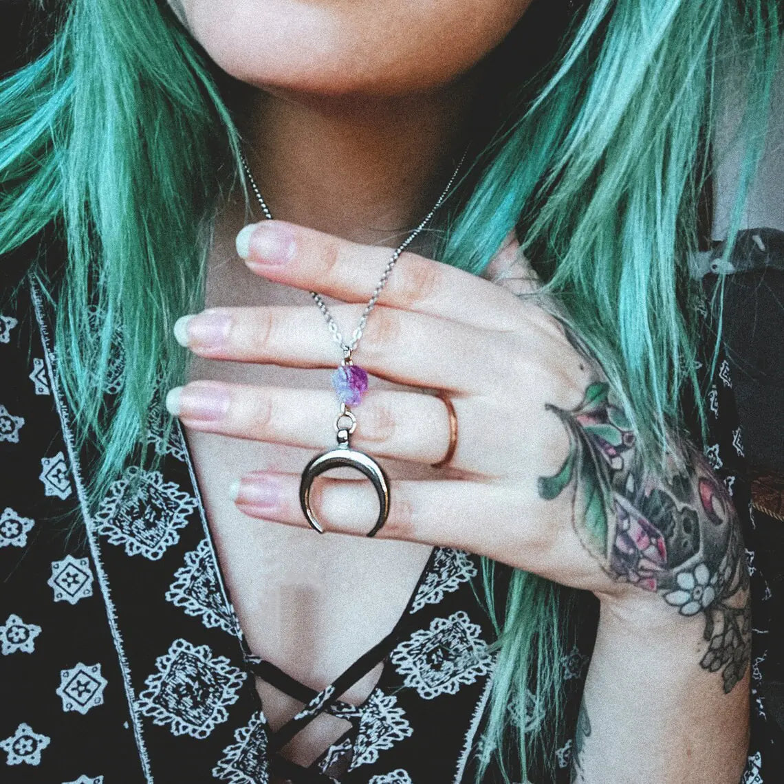 Gothic Silver Moon Purple Crystal Pendant Necklace