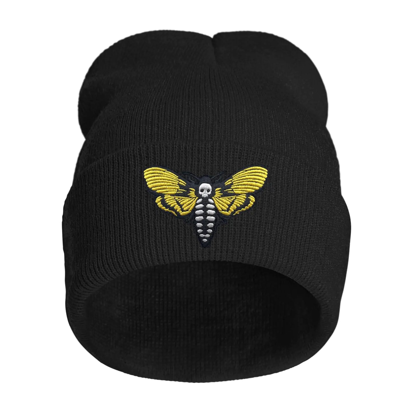 Skull Moth Embroidered Black Skull Cap