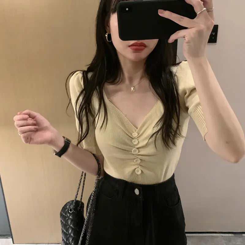 Women's V-neck Slim Short-Sleeved T-shirt