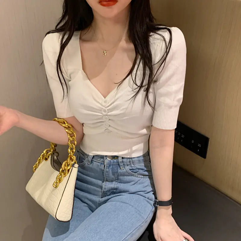 Women's V-neck Slim Short-Sleeved T-shirt