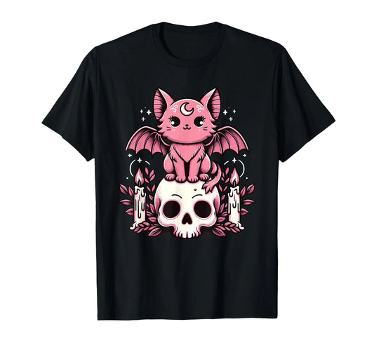 Kawaii Pastel Goth Cute Creepy Cat Bat Skeleton T-Shirt