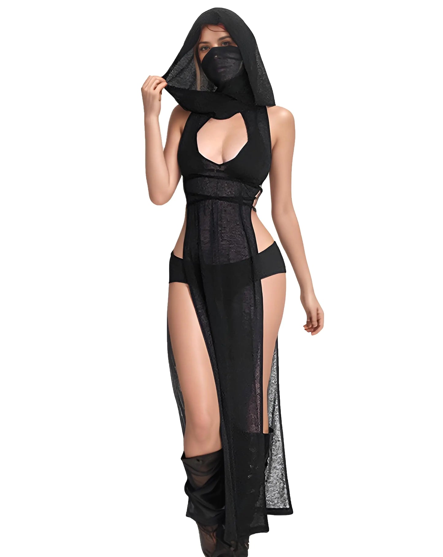 Goth Cutout High Slit Sheer Dress Black